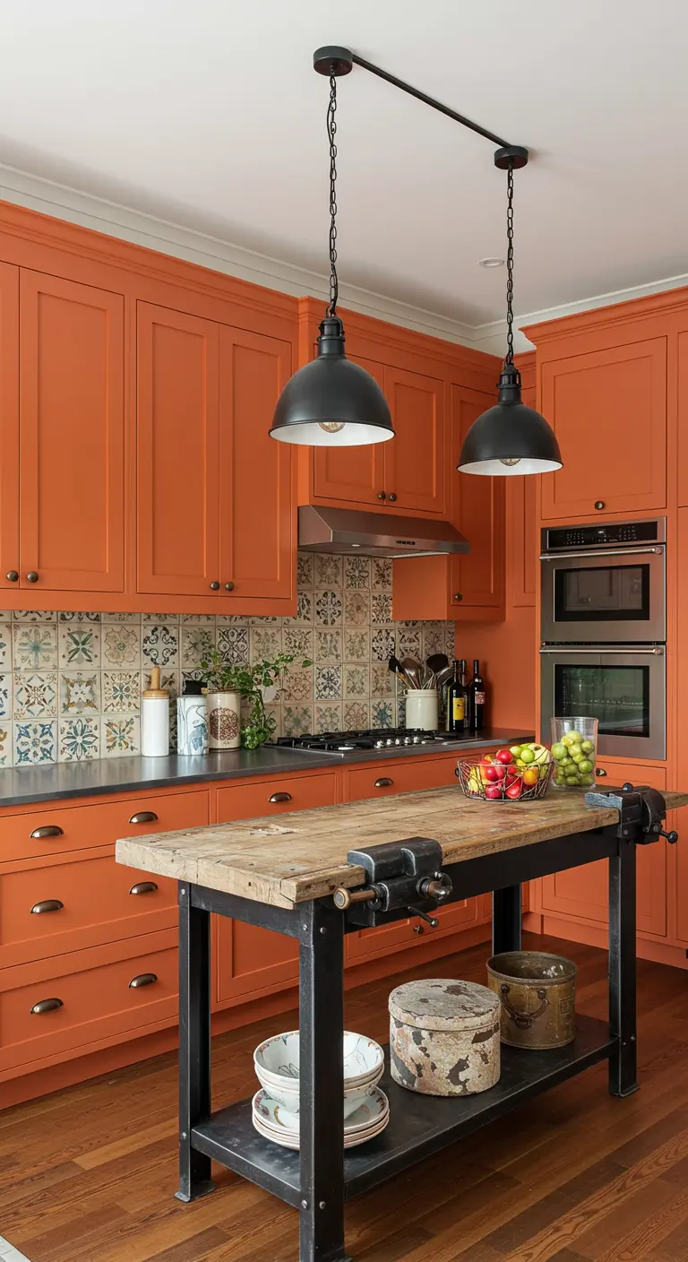 Kitchen with bright terra cotta orange cabinets and a rustic wood and iron island.