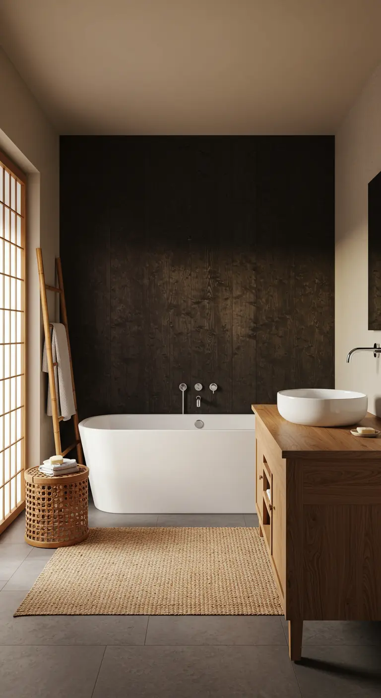 Dark-walled Japandi bathroom with a white tub and a shoji-style window.