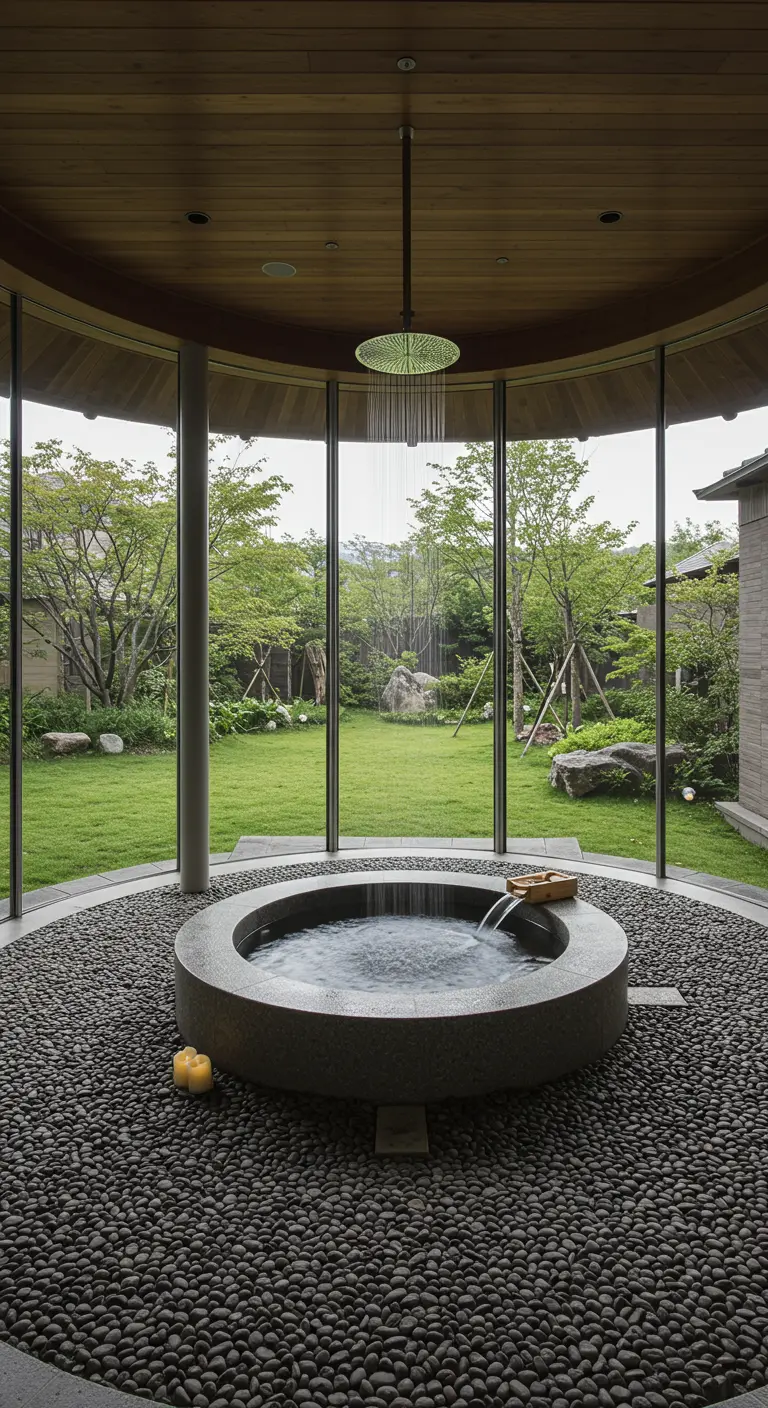 A circular sunken tub sits within a curved glass wall overlooking a lush garden.