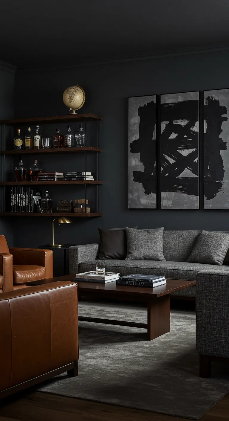 Dark wood and metal shelves against a charcoal wall in a moody, masculine library setting.