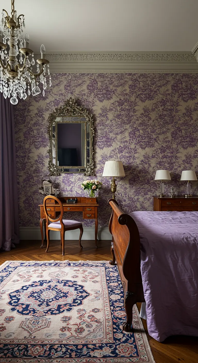 Elegant bedroom with purple damask floral wallpaper, a dark wood sleigh bed, and an ornate silver mirror.