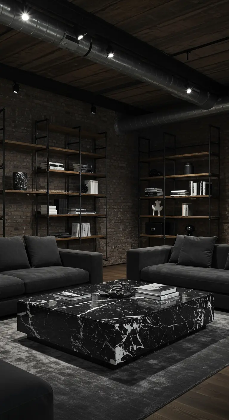 Dark living room with brick walls, metal shelves, and a black marble coffee table.
