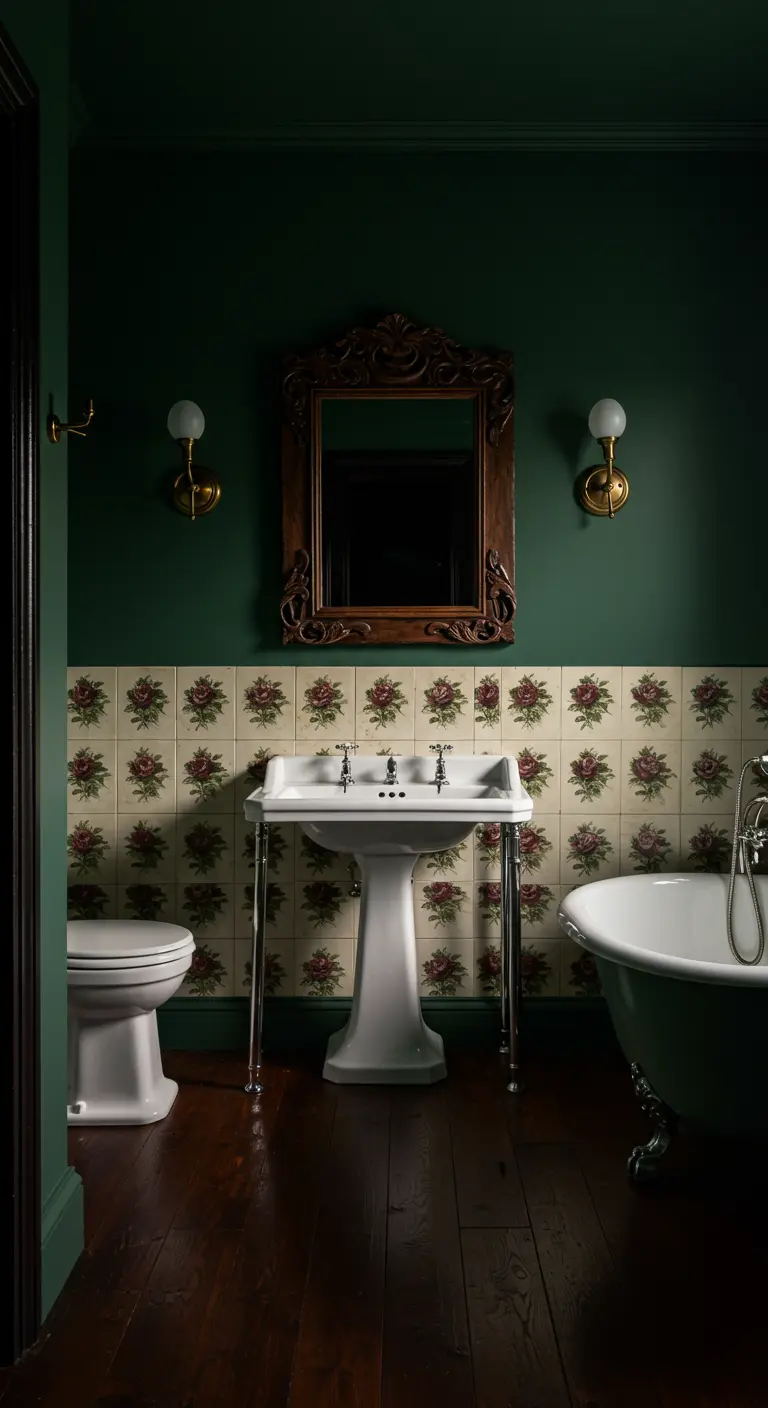 Moody Victorian bathroom with dark green walls and rose-patterned tiles.