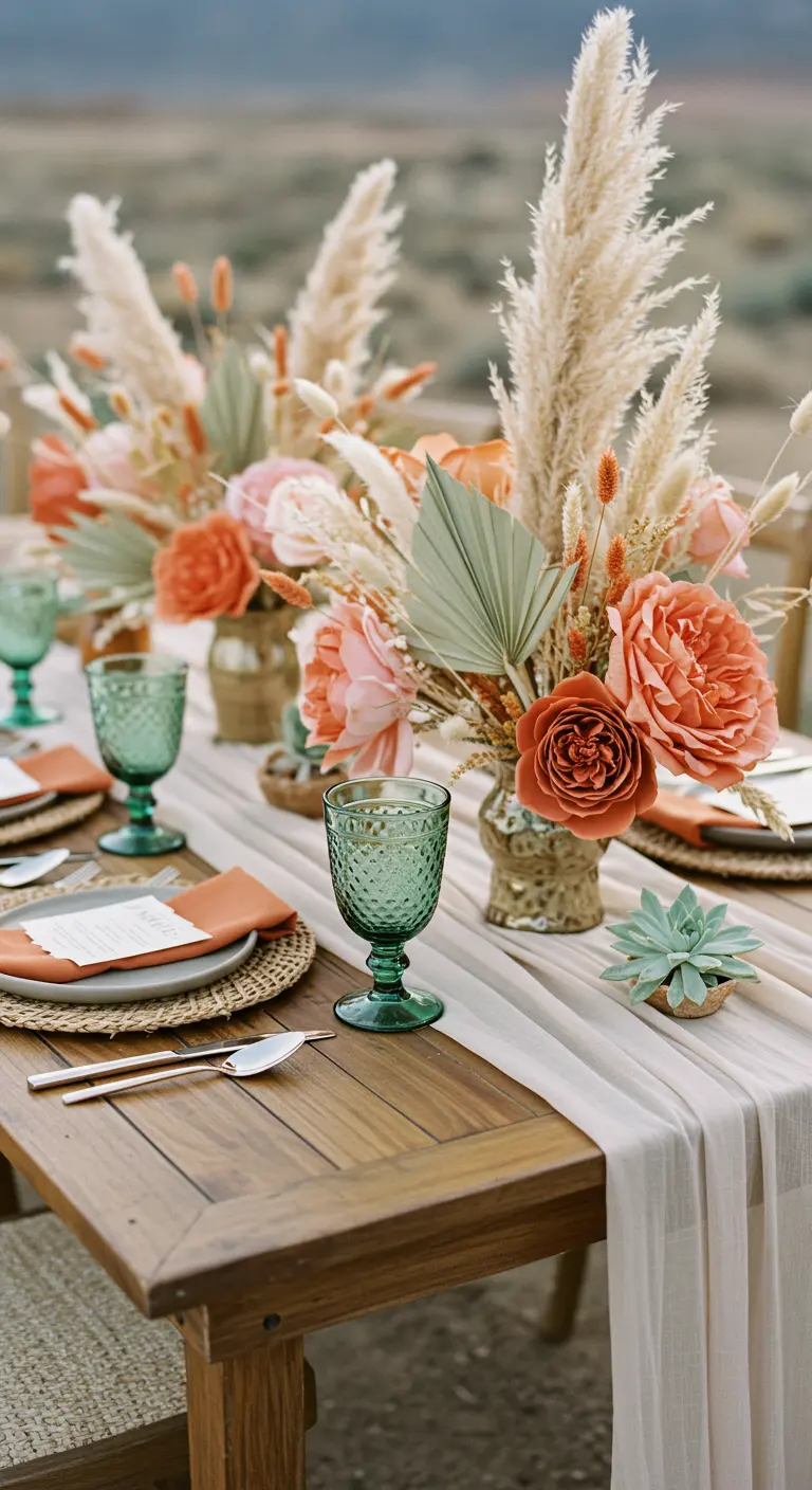 A desert-themed tablescape with a gauze runner, pampas grass, dried palms, and paper flowers.