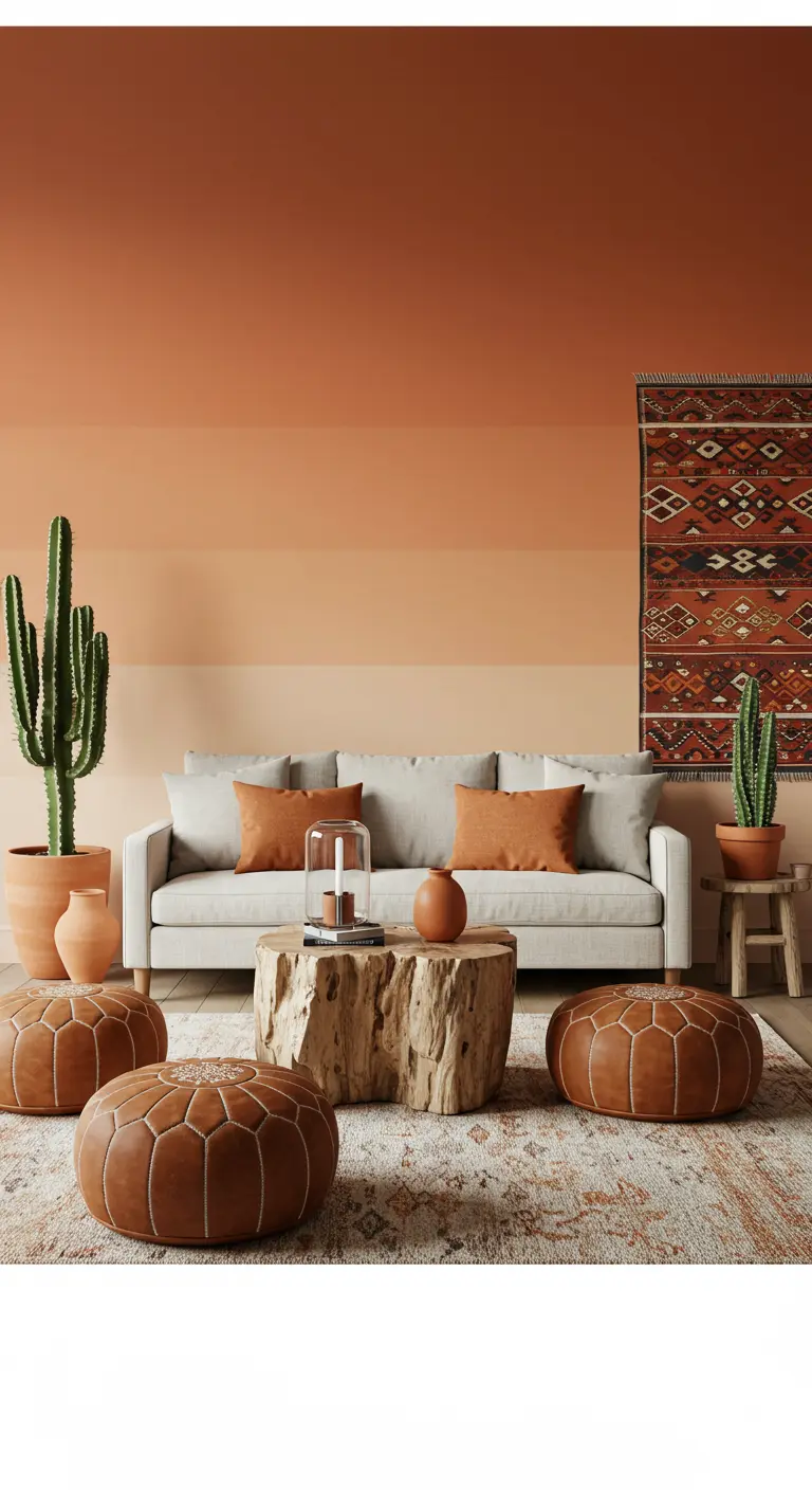 White sofa and leather poufs in front of a terracotta-toned striped ombre wall.