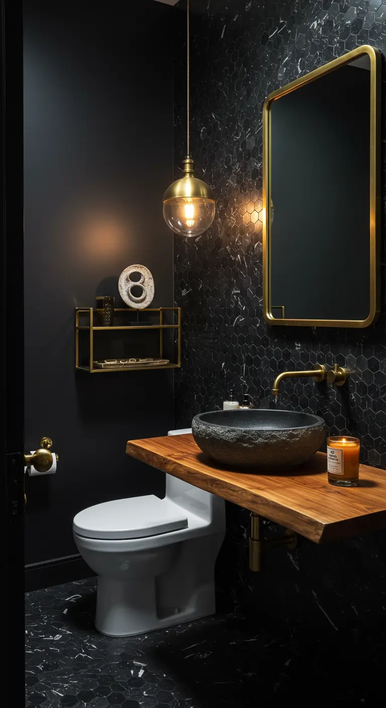 A dramatic powder room with black hexagon tiles and a live-edge wood vanity.