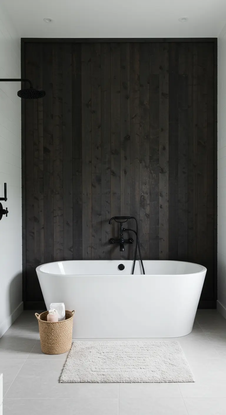 Modern bathroom with a black shiplap accent wall behind a white freestanding bathtub.