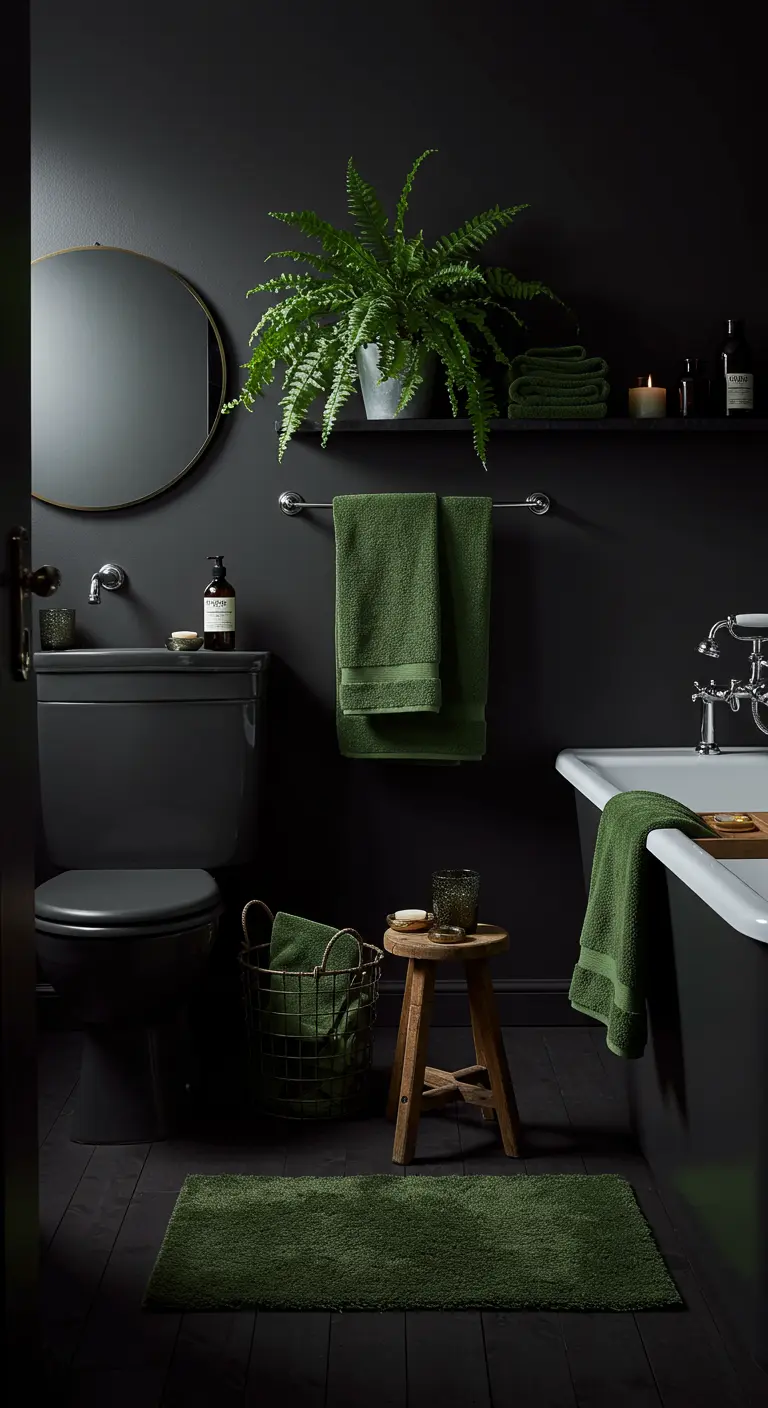 A small bathroom with matte black walls, a black toilet, and vibrant green towels and plants.
