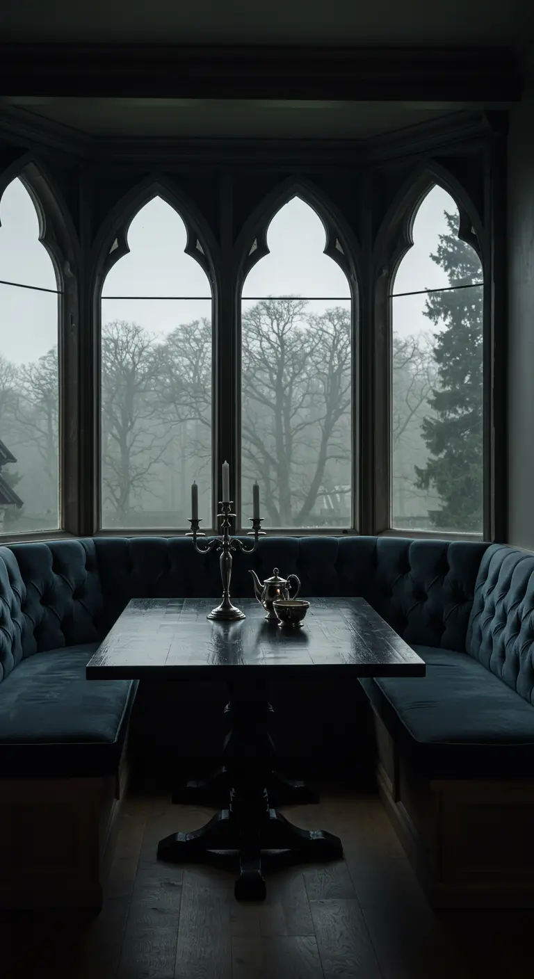 A moody breakfast nook with dark teal tufted seating and Gothic arched windows.