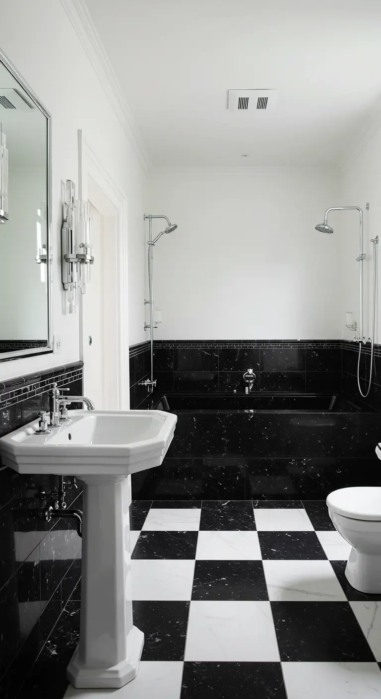 Modern bathroom with black marble tub surround and checkerboard floor.