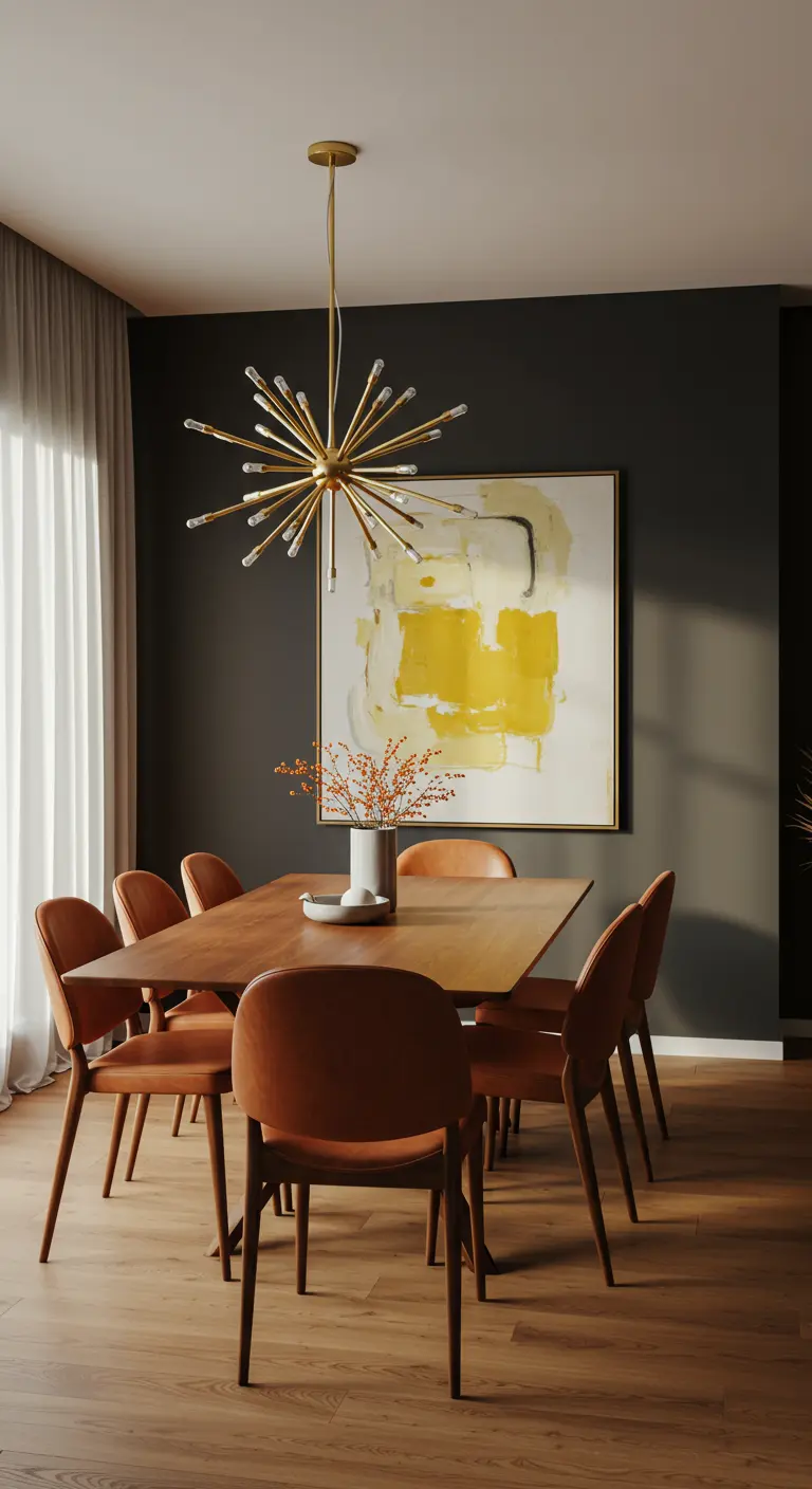 Moody dining room with a walnut table, brass sputnik light, and large abstract art.
