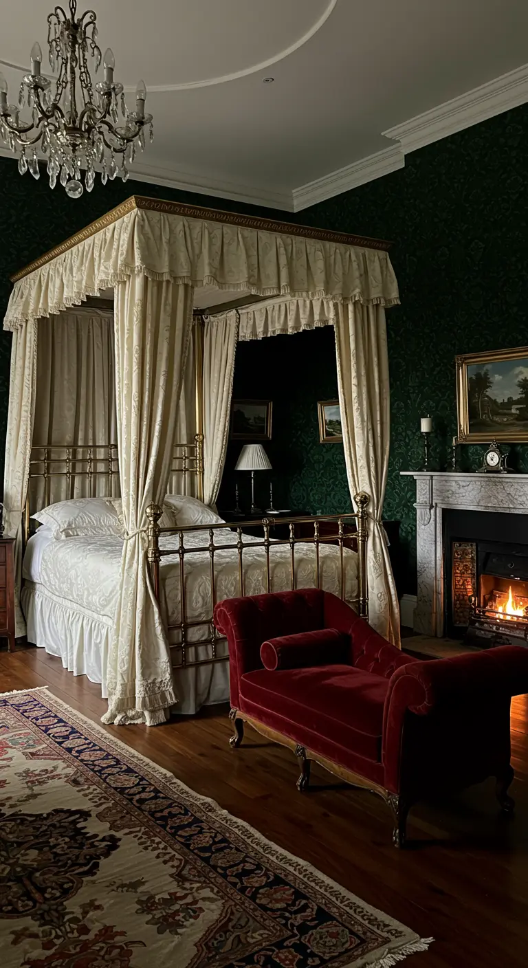 Dark green bedroom with a four-poster brass bed, cream canopy, and a red velvet chaise lounge.