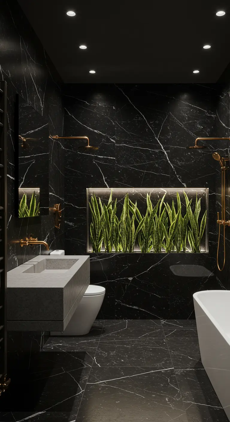 Moody black marble bathroom with a backlit planter box filled with snake plants.
