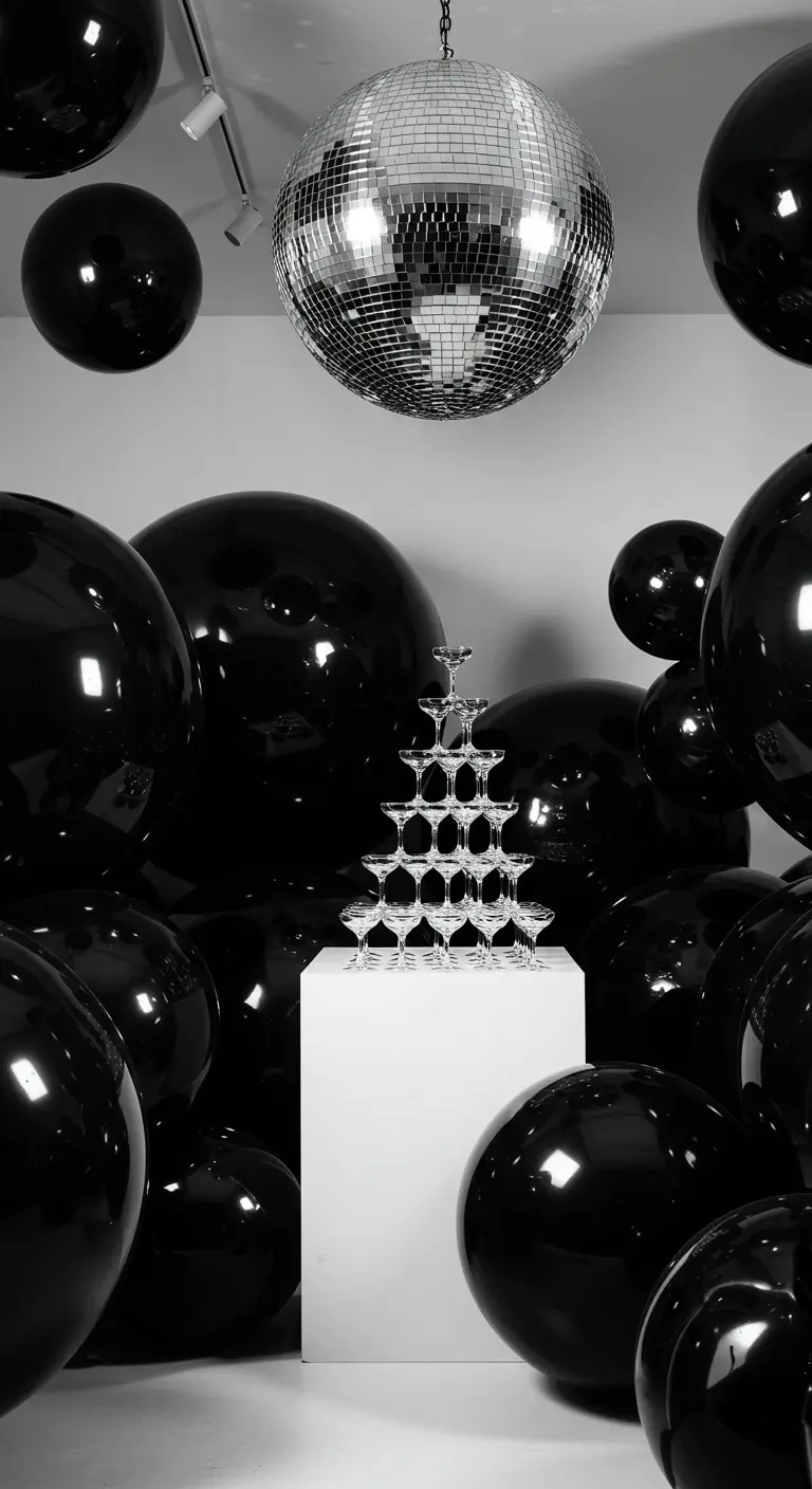 A champagne tower on a white pedestal surrounded by glossy black balloons and a single disco ball.