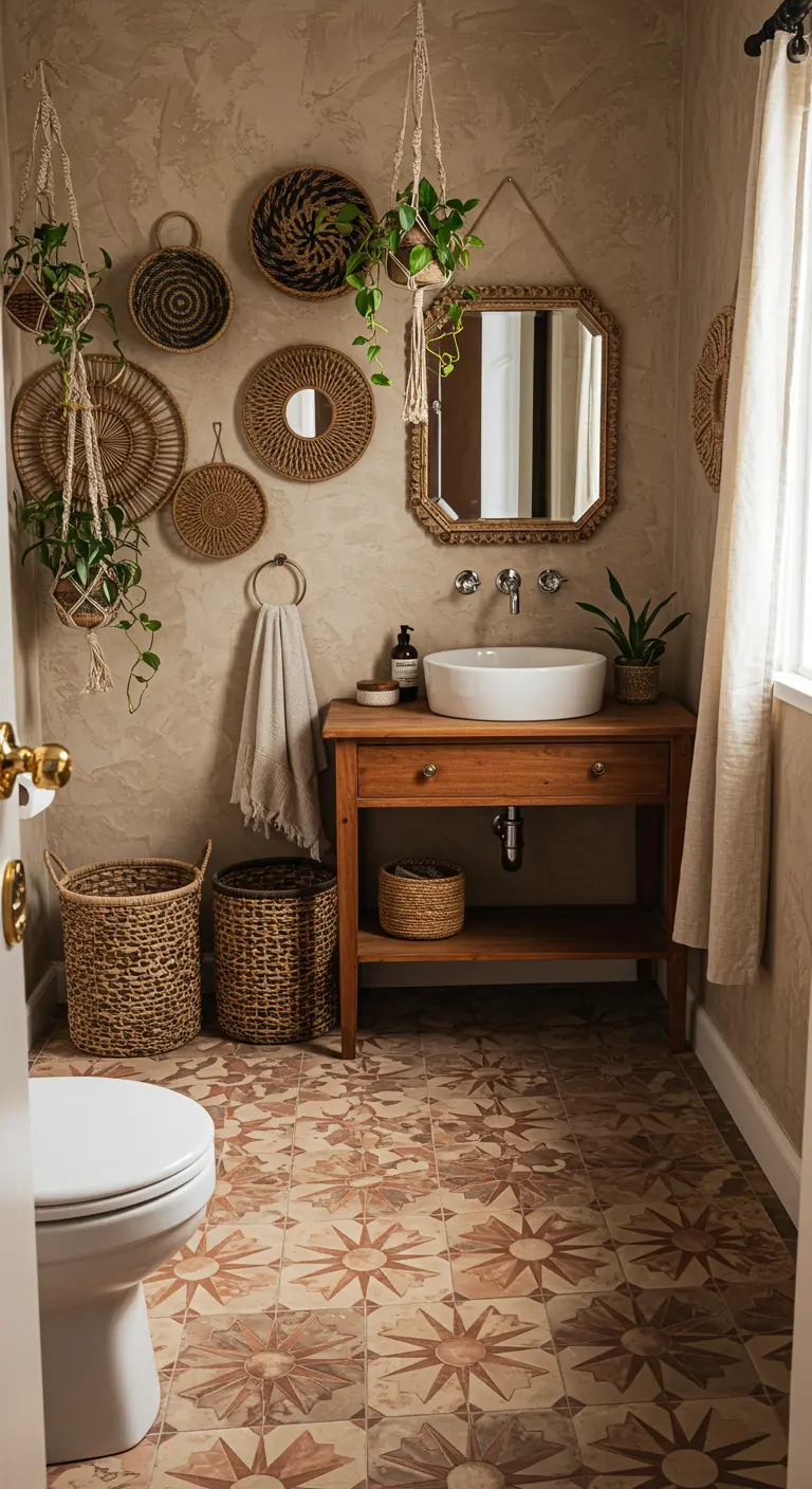 Boho bathroom with warm patterned floor tiles, a wood vanity, and woven wall decor.