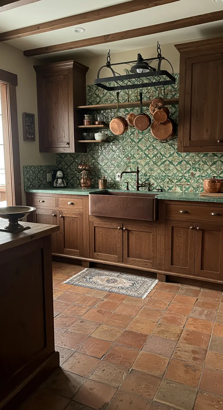 Rustic kitchen with dark wood cabinets, a green patterned tile backsplash, and a copper sink.