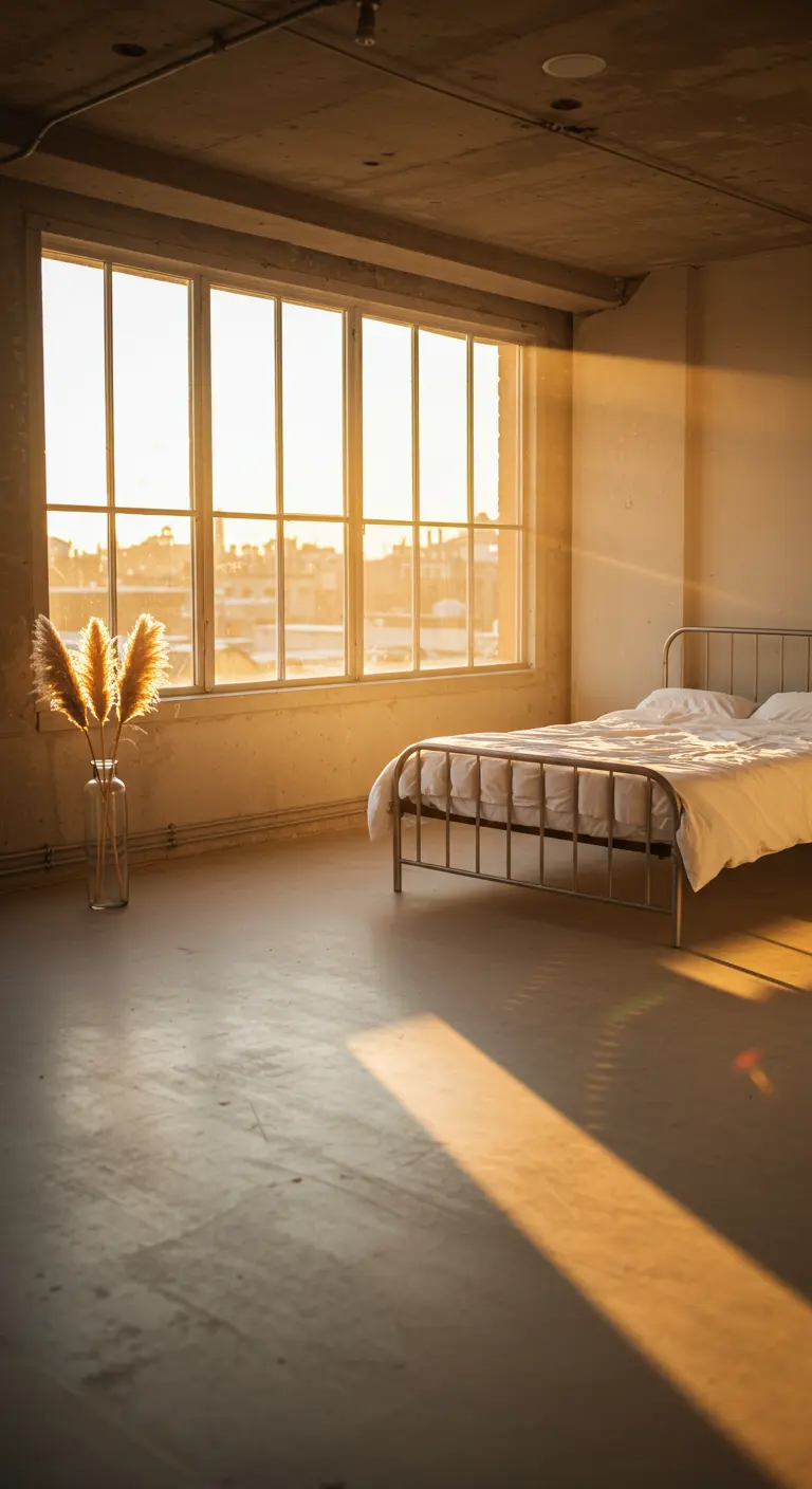 A nearly empty loft space with a metal bed and a vase of pampas grass in sunlight.