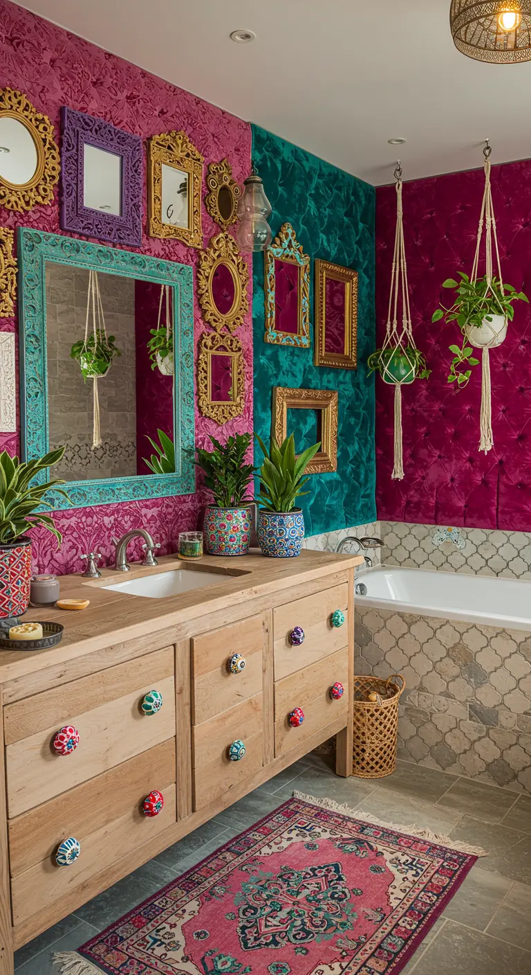 Bohemian bathroom with pink and teal velvet walls, a gallery of gold frames, and hanging plants.