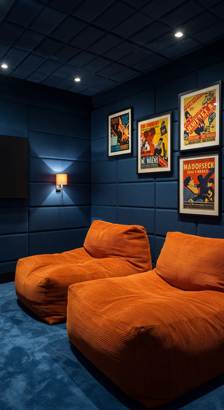 Media room with navy blue upholstered walls, a dark ceiling, and orange modular sofas.