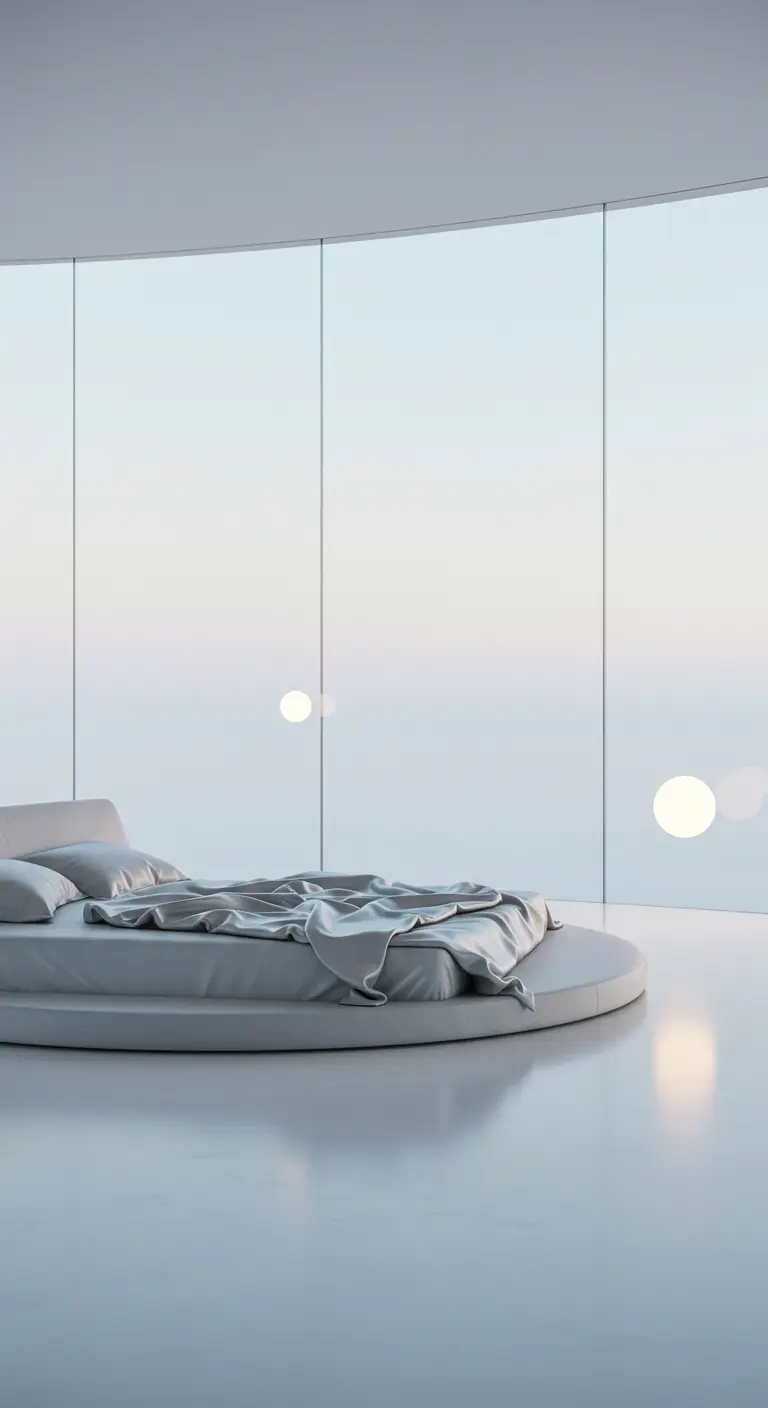 An all-white, futuristic bedroom featuring a round bed and floor-to-ceiling windows.