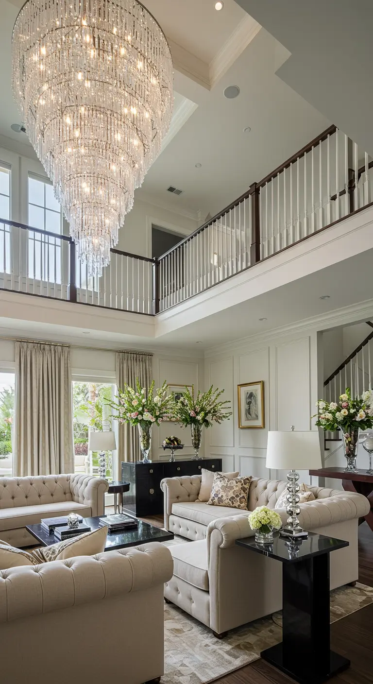 A grand living room with a soaring ceiling and a massive tiered crystal chandelier.