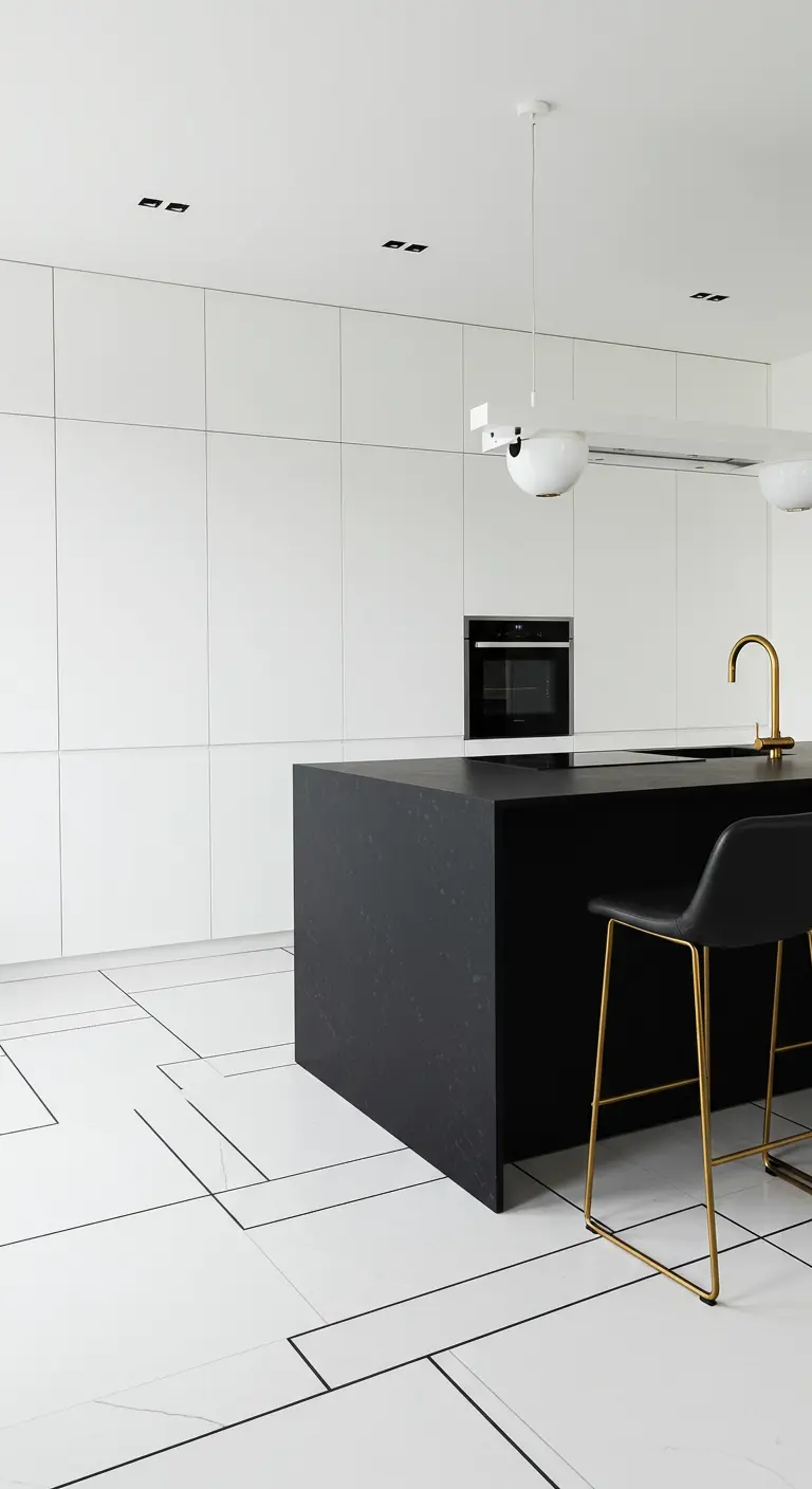 Minimalist white kitchen with a black island and floor tiles with thin black lines.