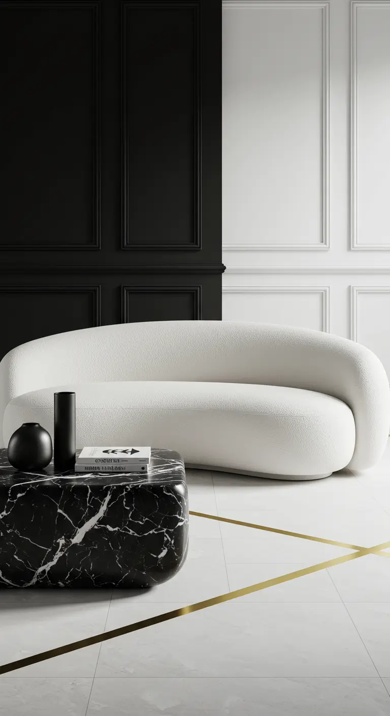 A high-contrast room with a white curved sofa and a solid black marble coffee table.