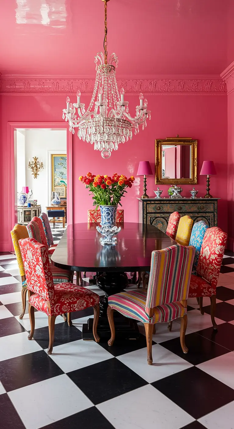 Hot pink dining room with a checkerboard floor, crystal chandelier, and mismatched colorful chairs.