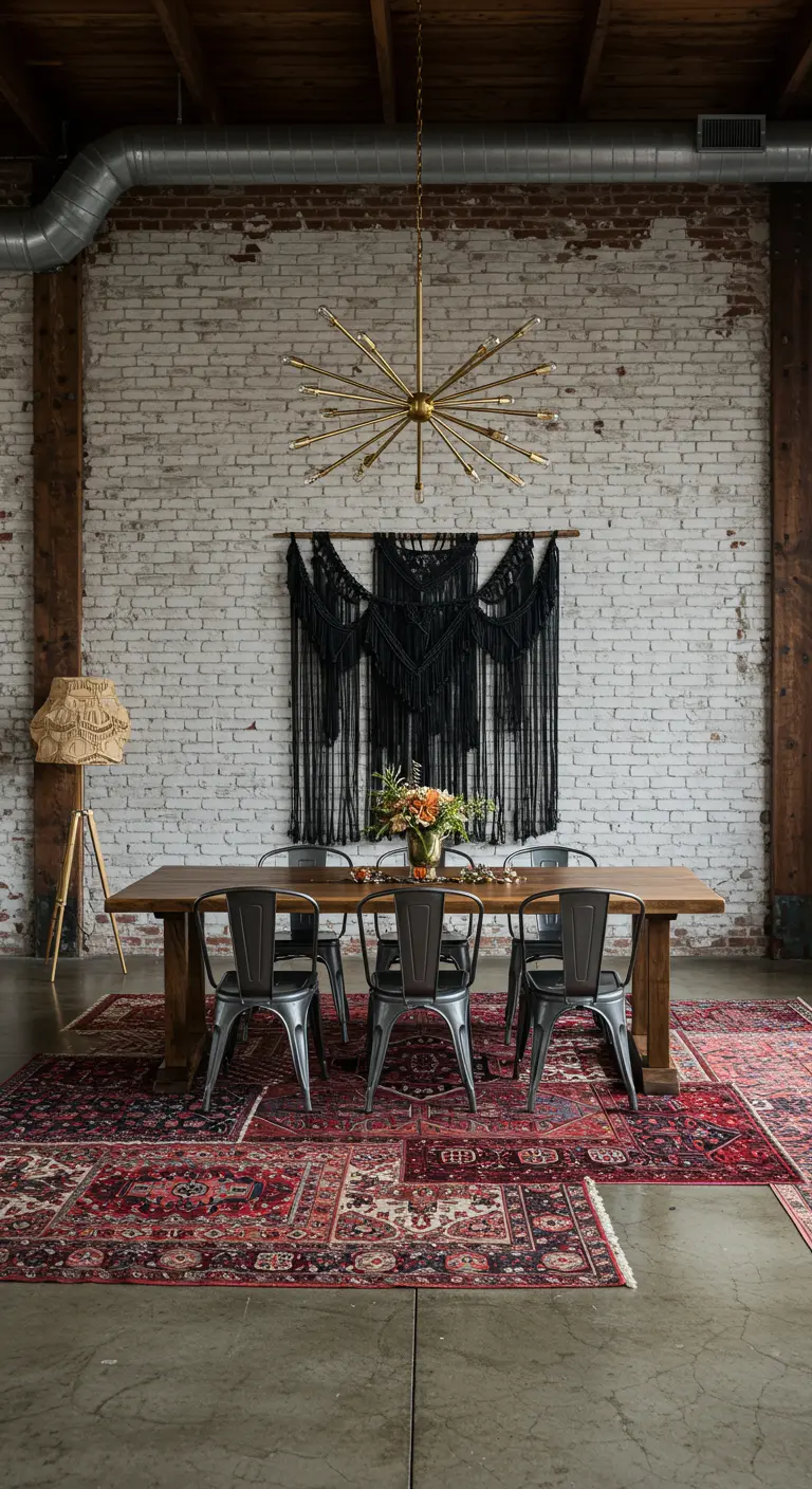 Industrial loft dining area with a black macramé hanging on a white brick wall and metal chairs.