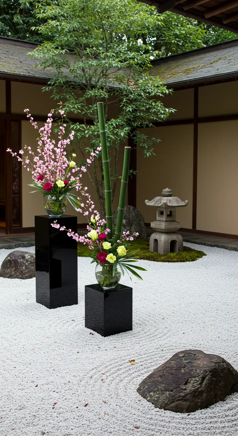 Japanese-style floral arrangements on black pedestals in a white sand zen garden.