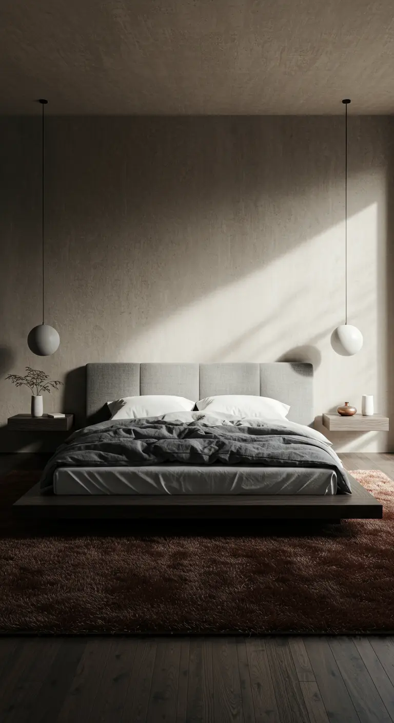 Minimalist bedroom with a low platform bed and concrete-textured walls.