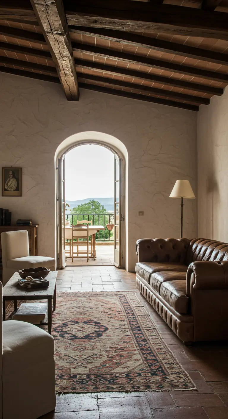 Tuscan-style living room with exposed beams, plaster walls, and an arched door to a sunny balcony.