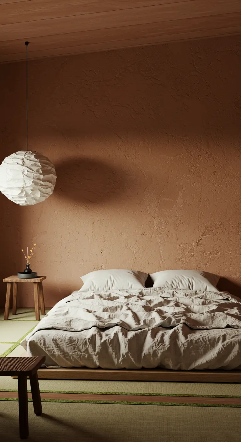 A minimalist bedroom with terracotta-colored plaster walls and a paper lantern pendant.