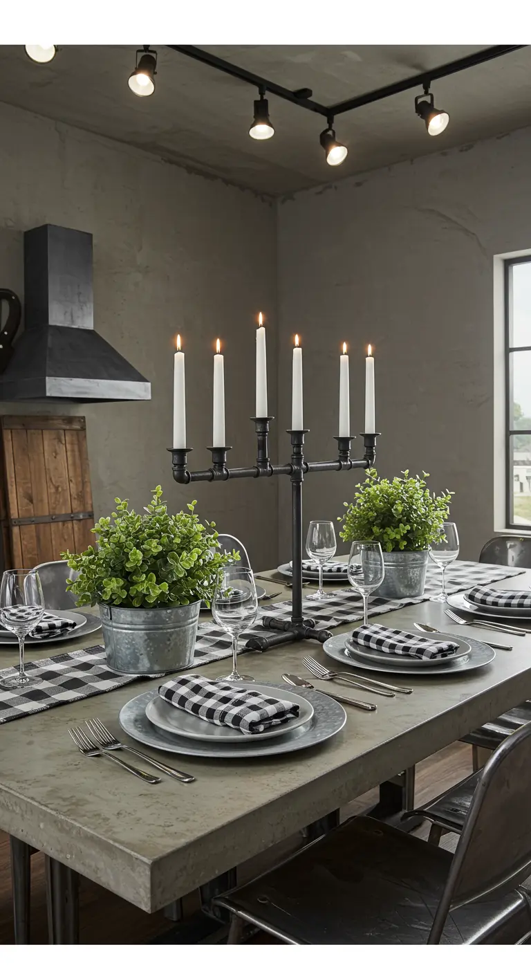 Industrial dining table with a pipe candelabra and galvanized planters.
