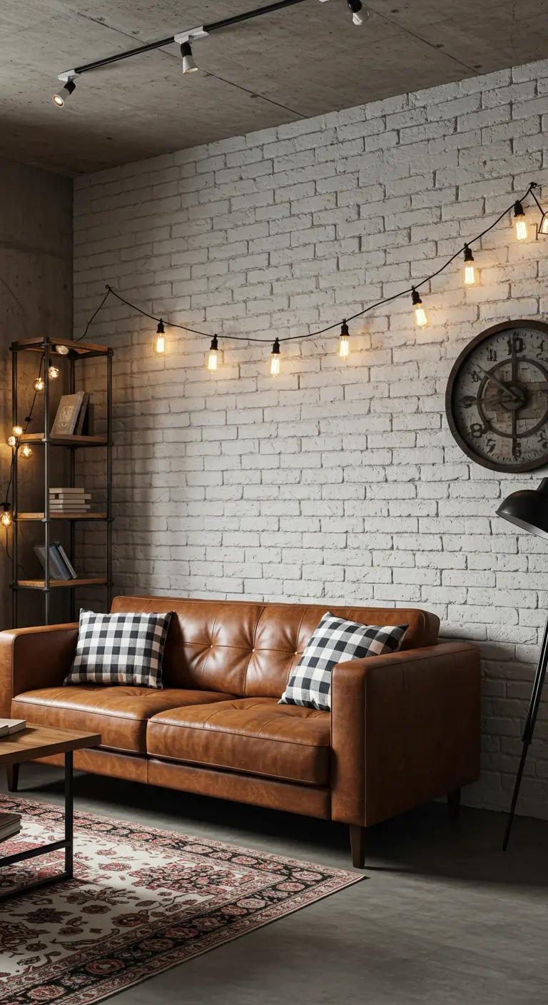 Whitewashed brick accent wall in a living room with a leather sofa.