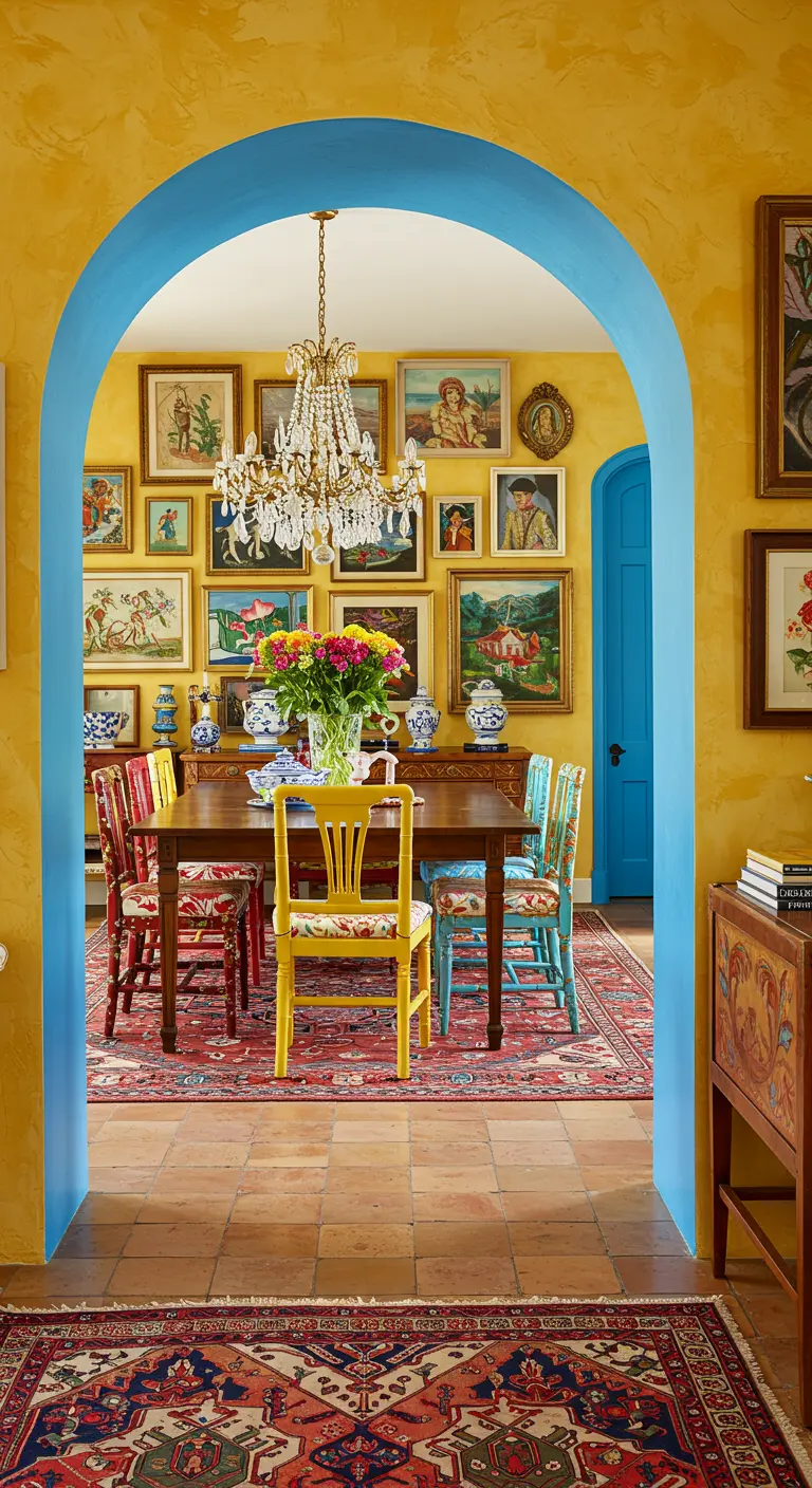 A colorful dining room seen through a blue archway, with yellow walls and a gallery wall.