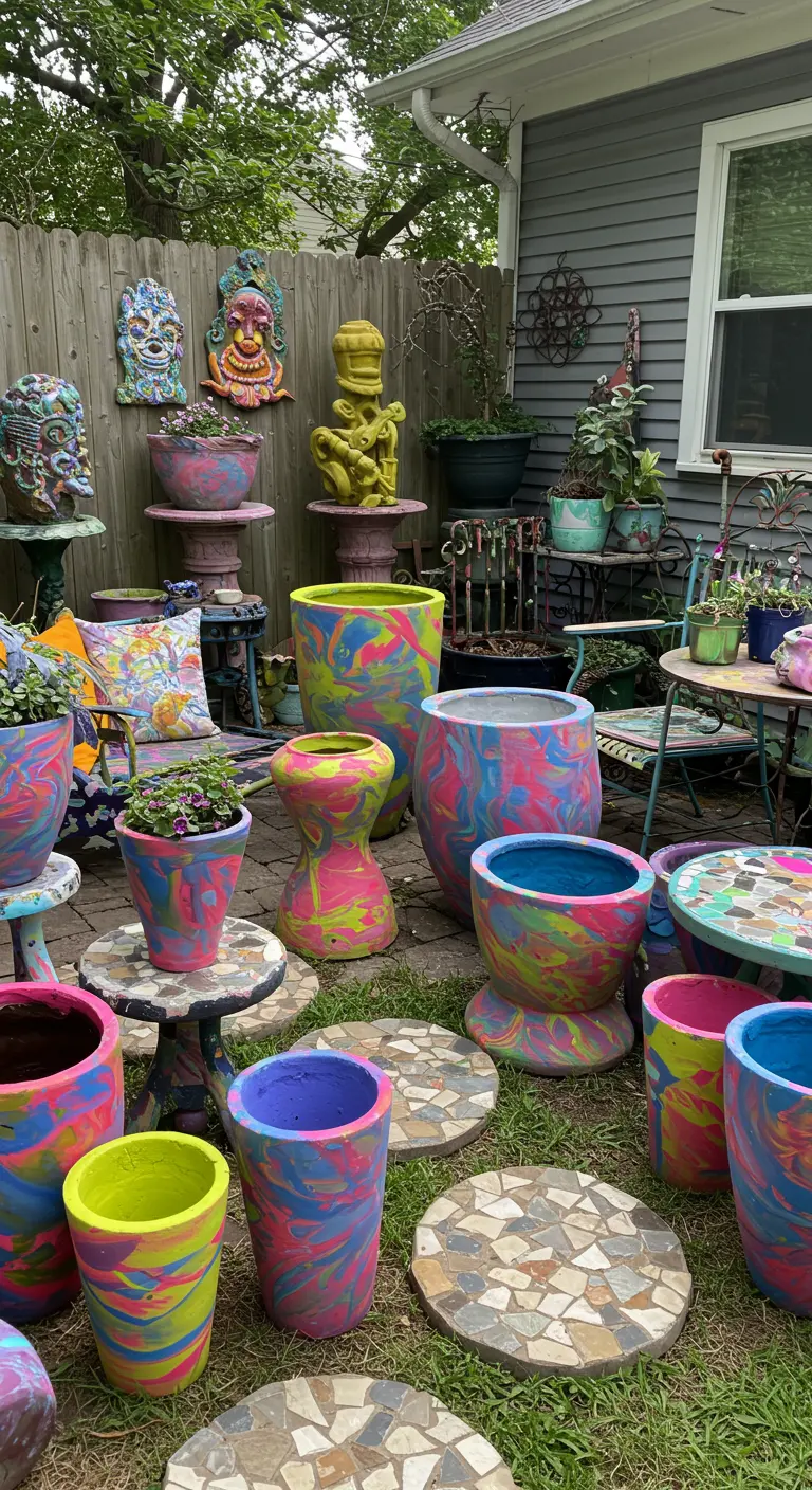 A maximalist backyard garden filled with dozens of brightly colored marbled planters in various shapes.