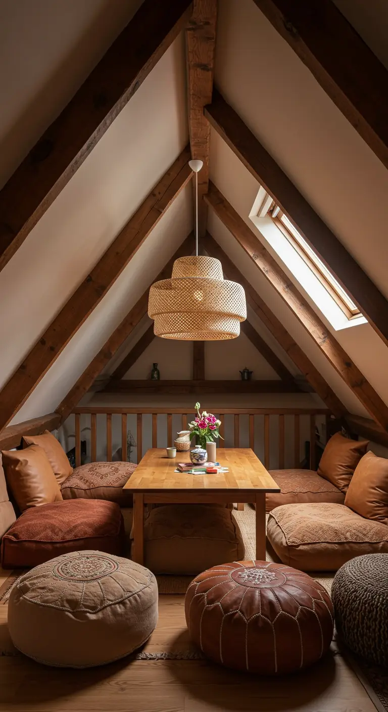 Cozy attic nook with exposed wood beams, floor cushions, and leather poufs around a low table.