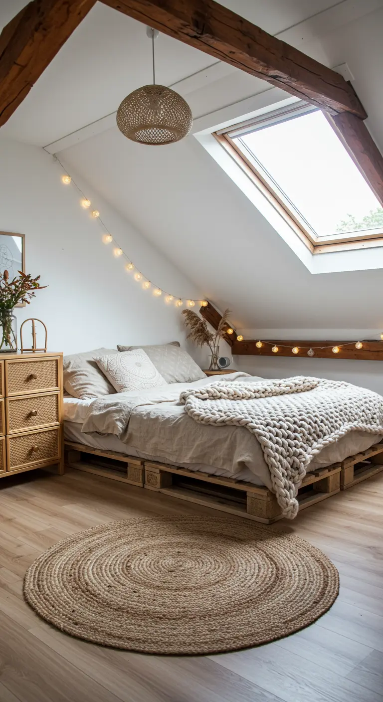 Cozy attic bedroom with a low pallet bed, string lights, and a round jute rug.