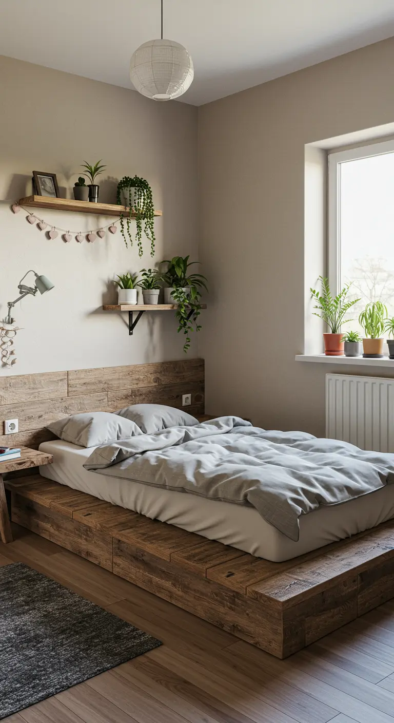 A bedroom with a low, rustic wooden platform bed and simple decor.