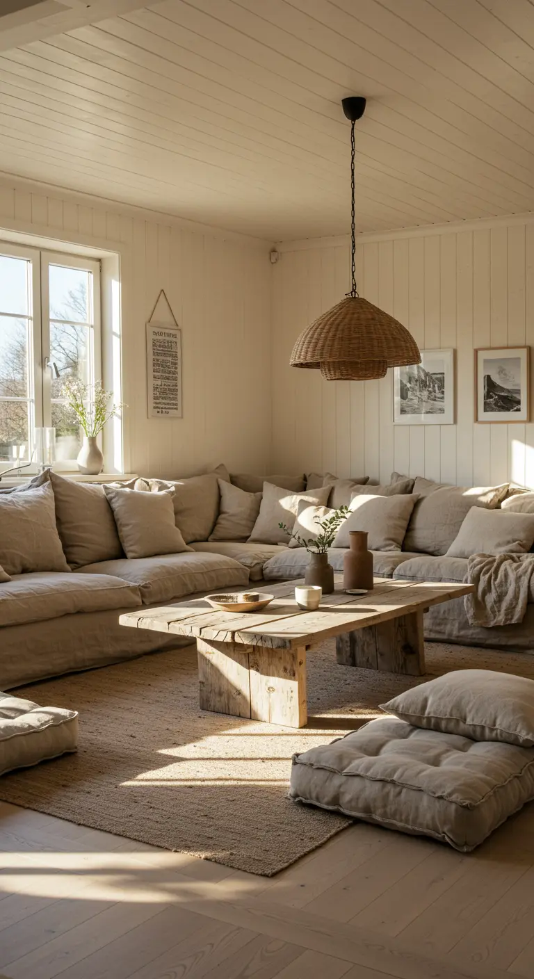 Sun-drenched living room with a large beige sectional sofa, rustic wood coffee table, and floor cushions.