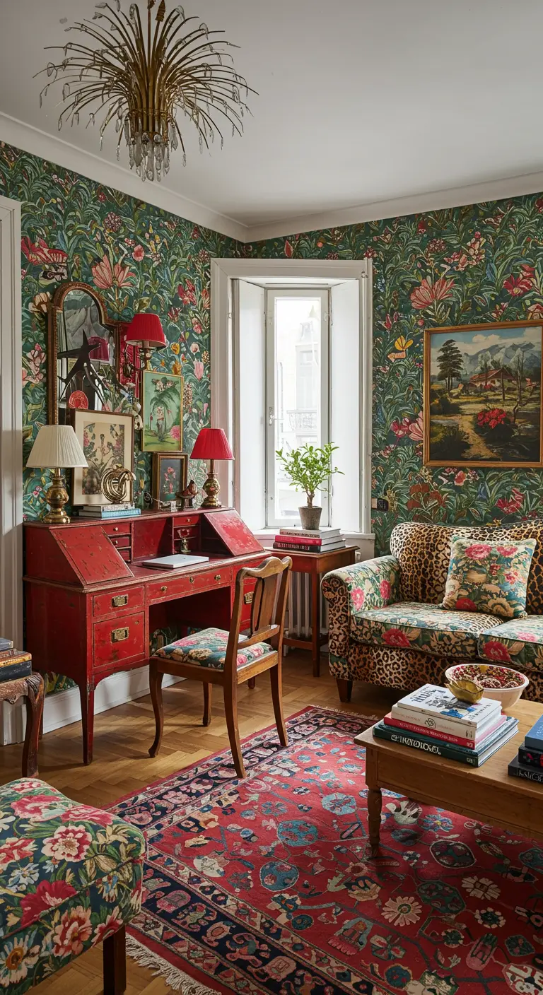 A maximalist room with floral wallpaper, a red desk, and a leopard-print sofa.