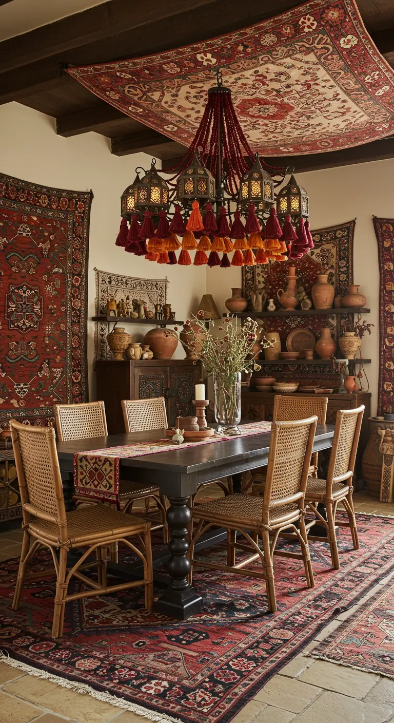 Maximalist dining room with rugs on the floor and ceiling and a red tassel lantern chandelier.
