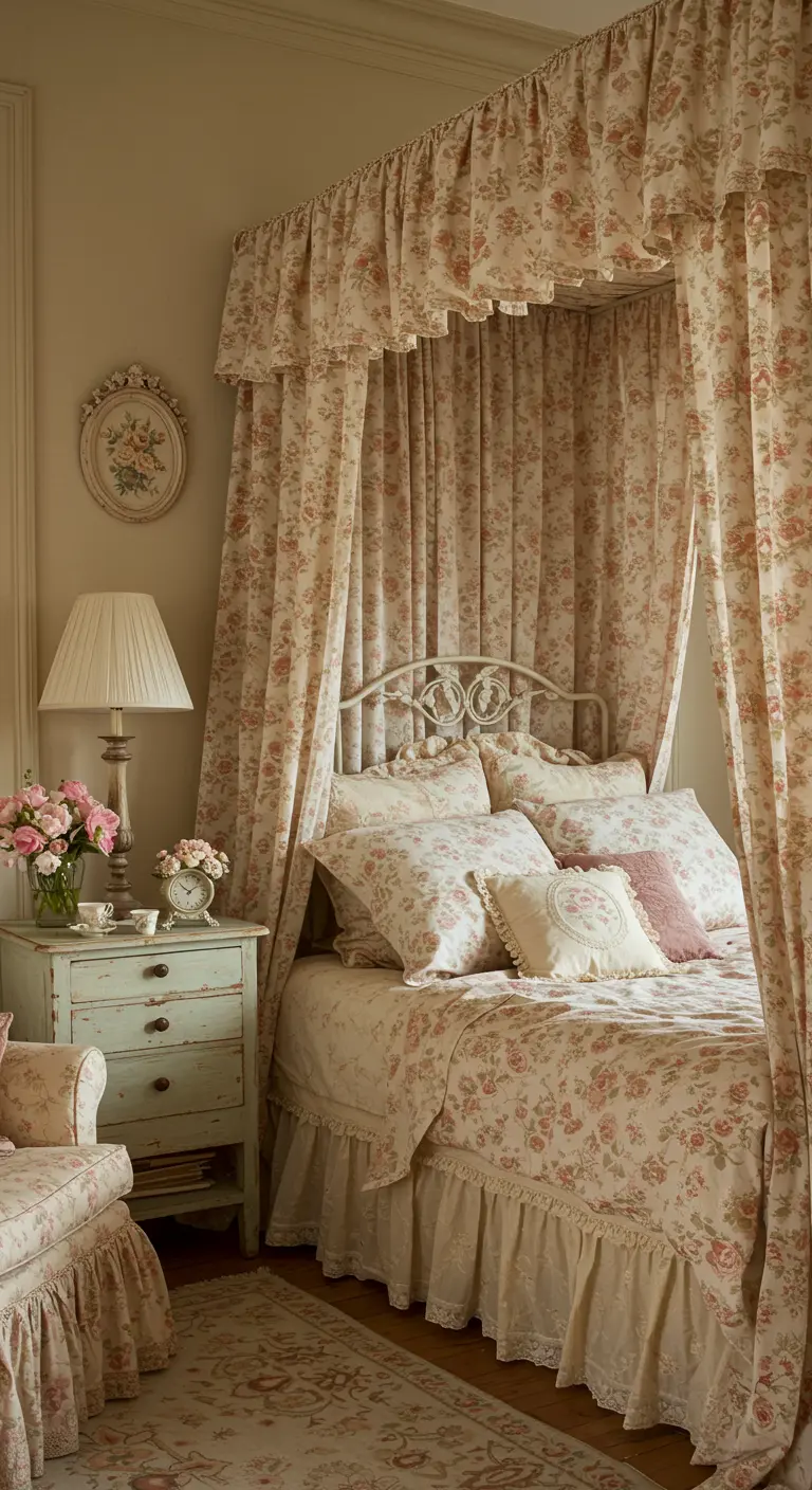 A bed is enveloped in a dramatic floral canopy and matching ruffled bedskirt.