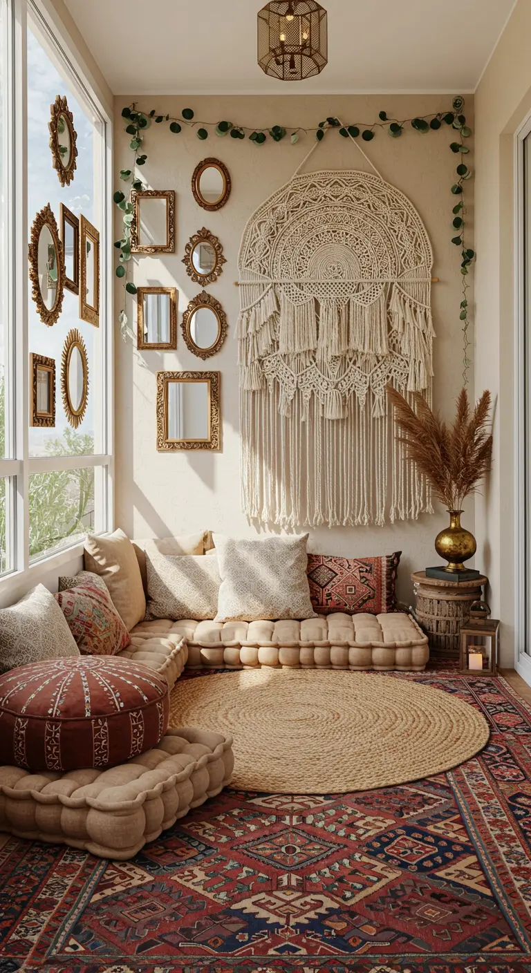 A cozy sunroom corner with layered rugs, floor cushions, and a large macrame wall hanging.
