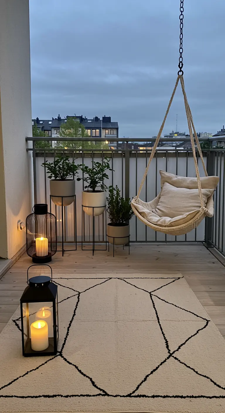 A minimalist balcony with a geometric rug, a hanging chair, and modern lanterns.