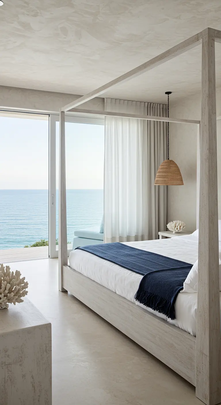 Minimalist coastal bedroom with a canopy bed, navy throw, and ocean view through glass doors.
