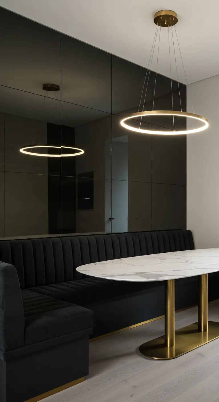 Modern dining nook with a black mirror wall, an LED halo chandelier, and a marble oval table.