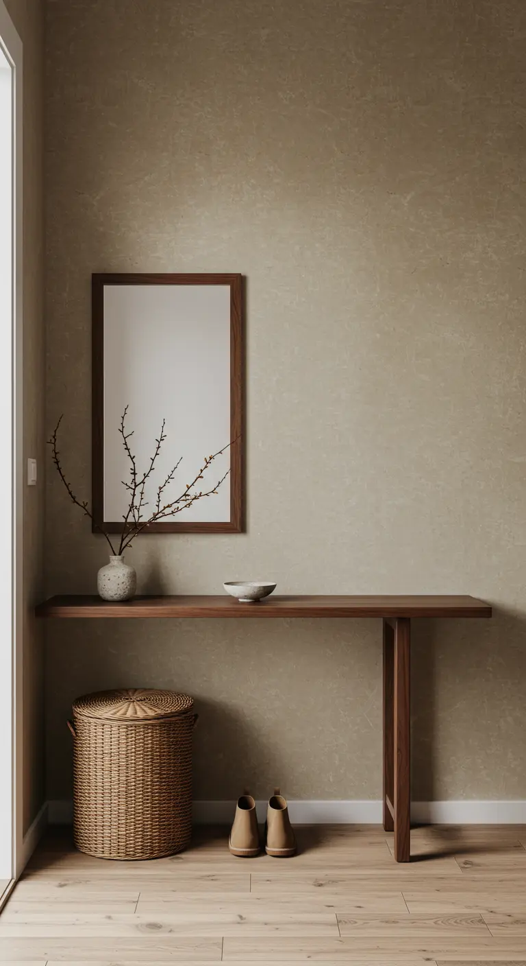 Minimalist entryway with a dark wood waterfall console, matching mirror, and a wicker basket.