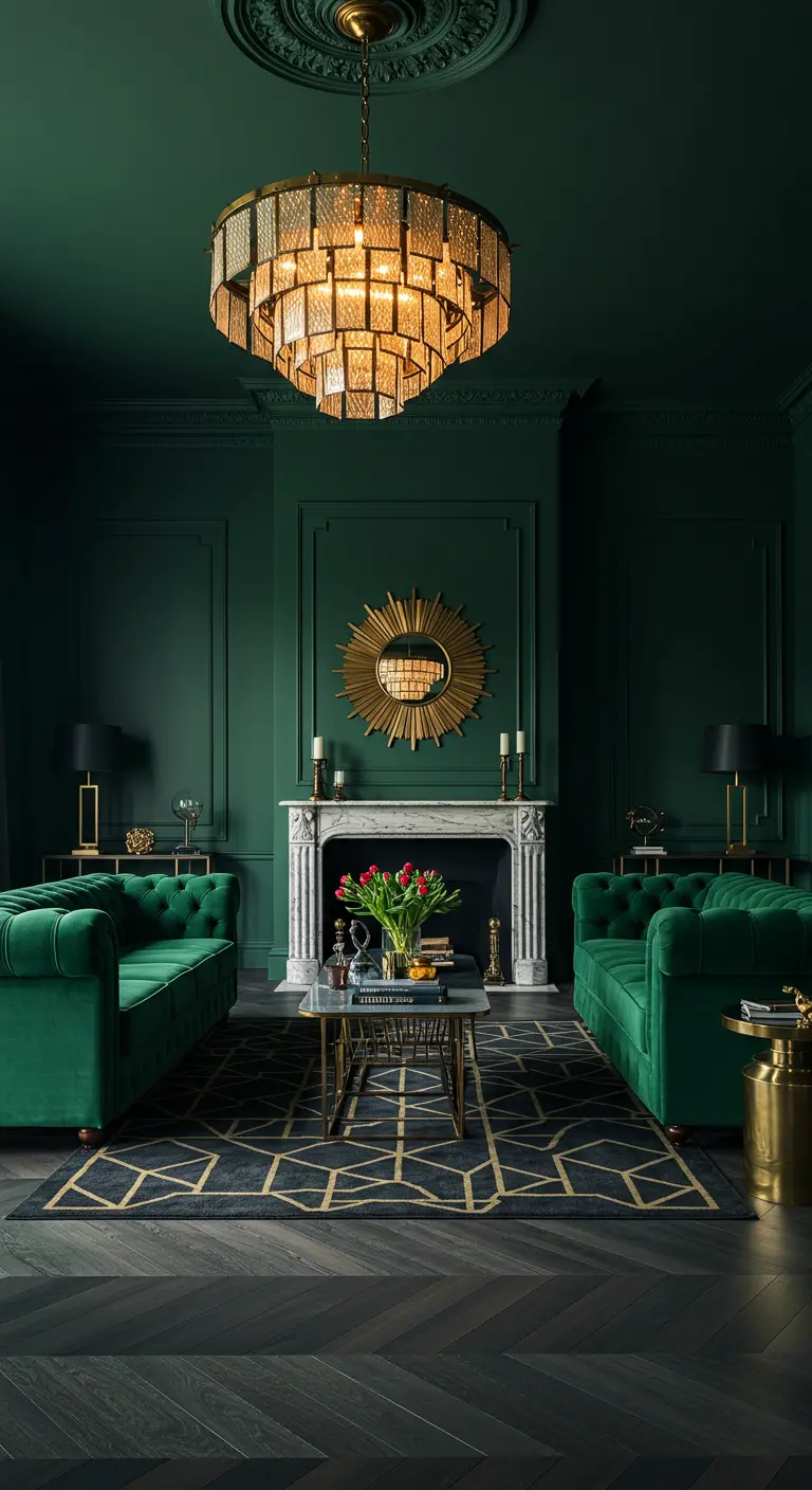 Emerald green living room with matching velvet sofas, a large brass chandelier, and a sunburst mirror.